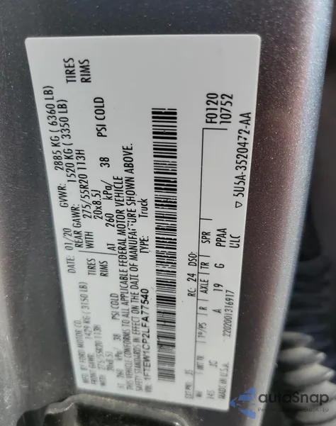 2020 Ford F150 Supercrew из США, поврежденный, VIN 1FTEW1CP2LFA77540